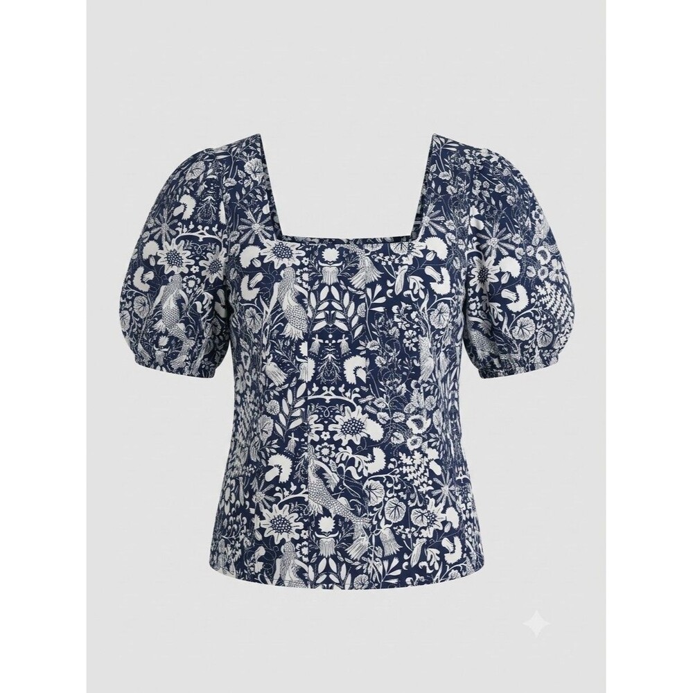Chelsea & Theodore Blue White Coastal Top Cropped Coquette Large Boho Floral